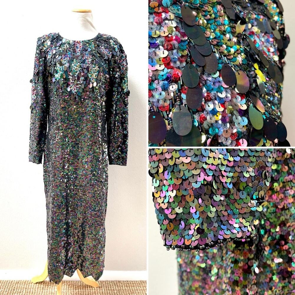 Vintage 80's Iridescent Black Sequin Long Sleeve Party Dress, Women's Size 6